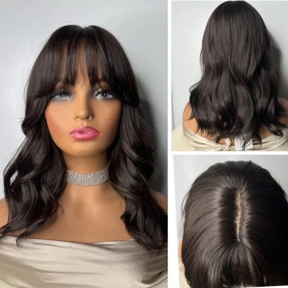 Wavy Shoulder-Length Lace Front Wig with Curtain Bangs - Dark Brown